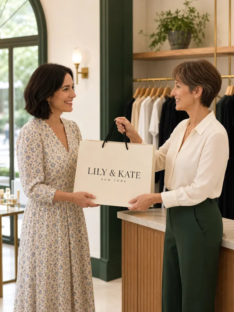 Customer receiving a Lily & Kate shopping bag in the boutique
