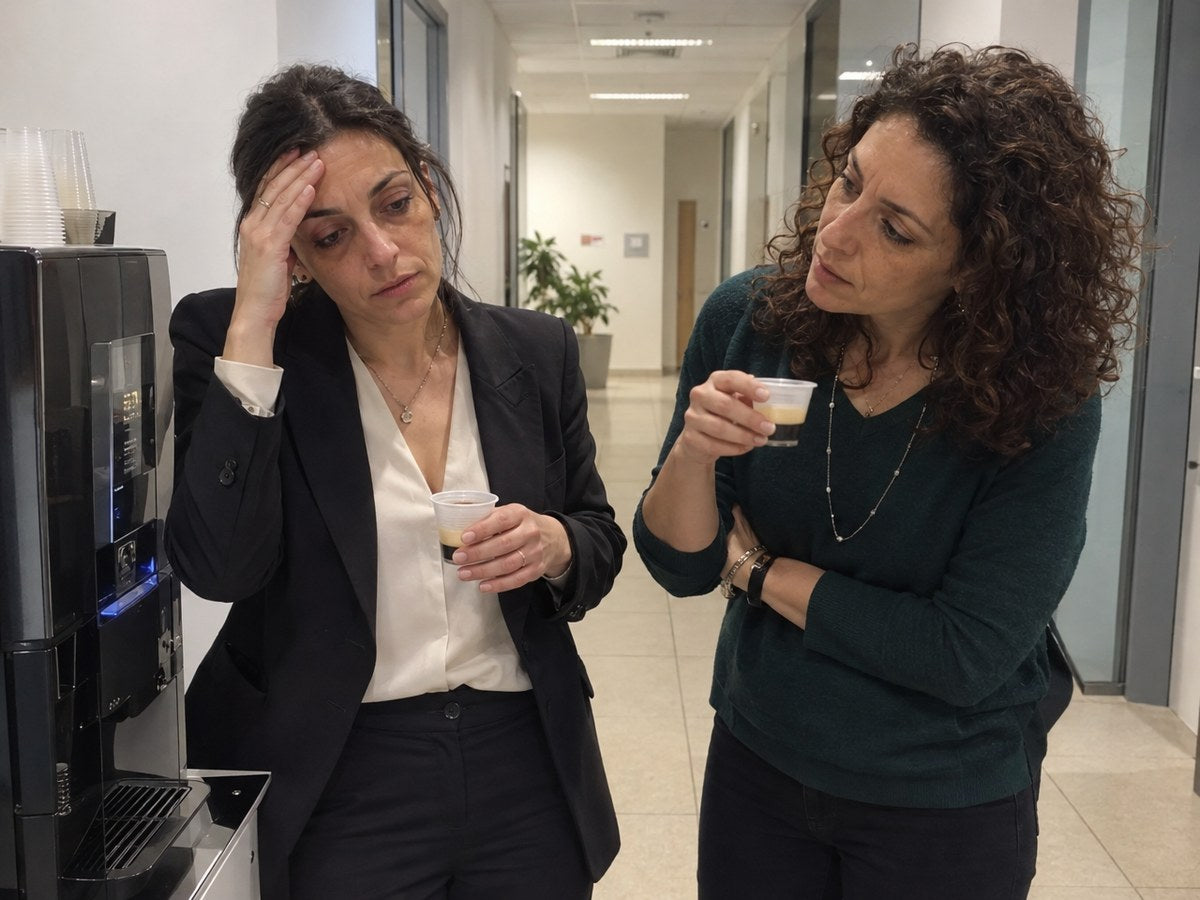 Due colleghe parlano davanti alla macchinetta del caffè in ufficio