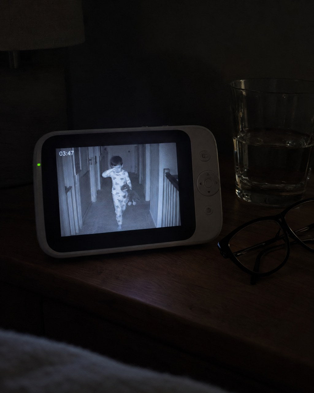 Lo schermo del baby monitor alle 3:47 con il bambino nel corridoio