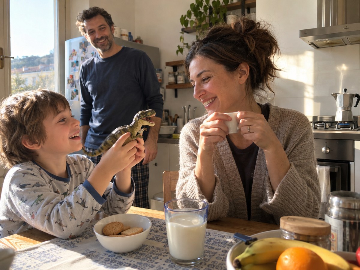 Colazione in famiglia, il bambino riposato mostra un dinosauro alla mamma