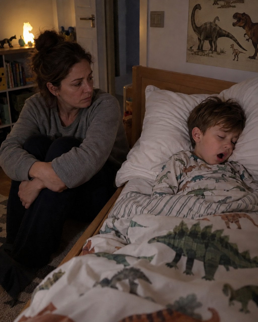 Bambino che dorme con la bocca aperta su un cuscino da adulto troppo alto