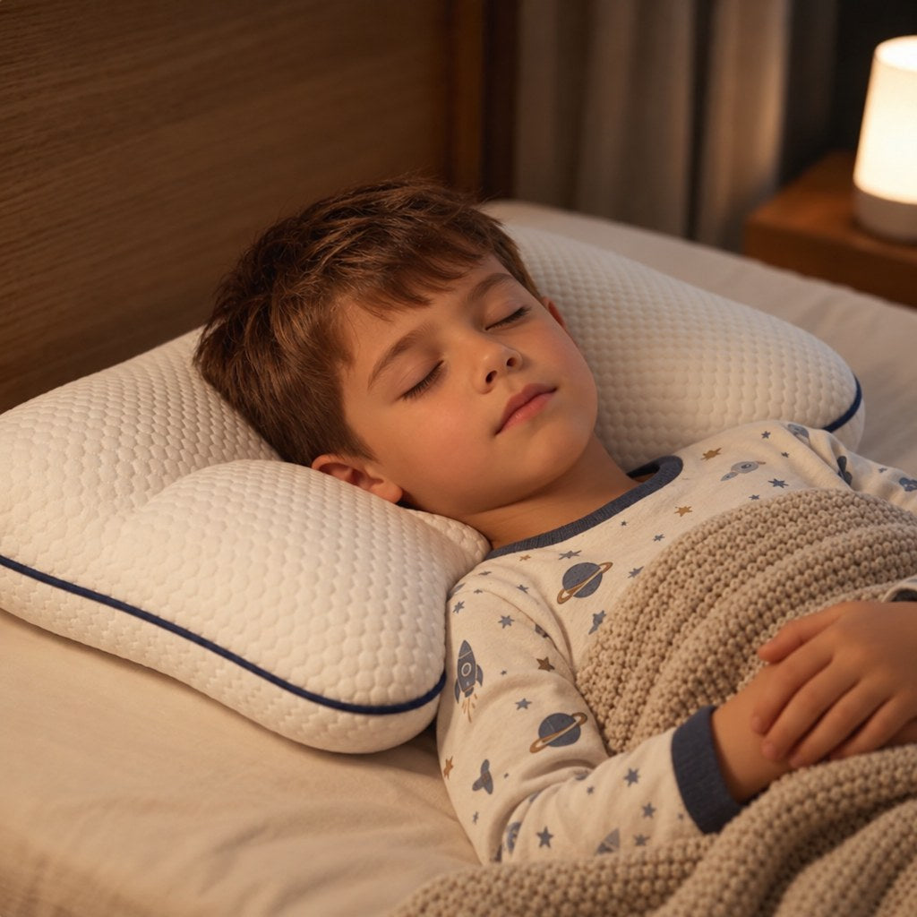 Niño dormido con la boca cerrada sobre la almohada postural Nido